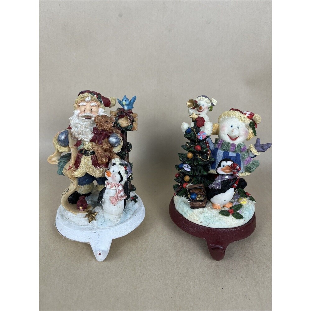 2 VTG Cast Iron Christmas Stocking Hangers- Santa Penguin, Snowman Penguin